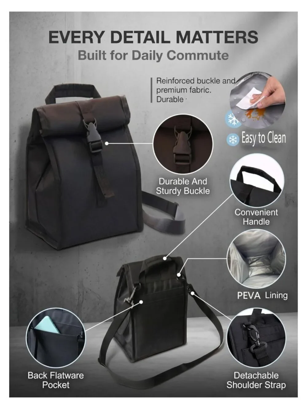 Insulated Foldable Lunch Bag Adjustable Strap Lightweight Portable Lunch Box